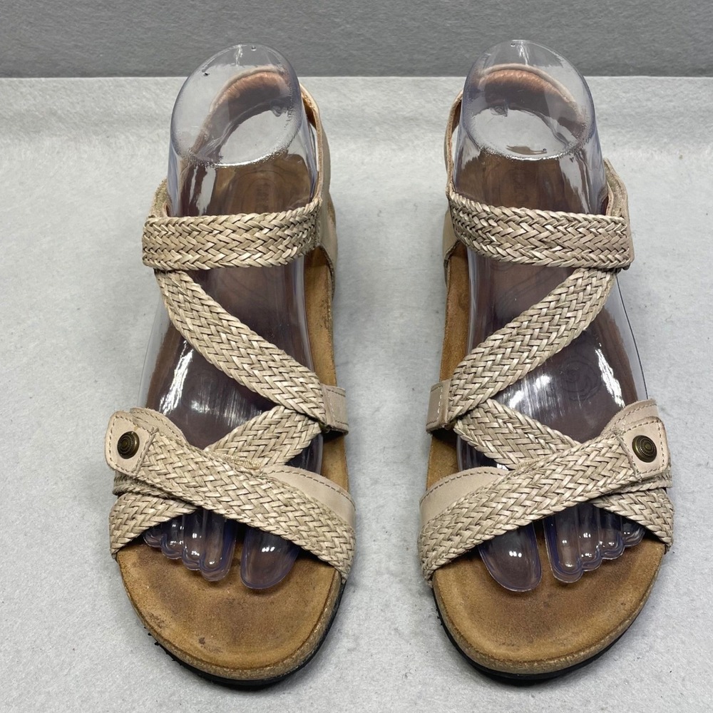 Taos Braided Leather Strappy Sandals Womens 8-8.5 Beige Comfort Cork Spain - Picture 2 of 11